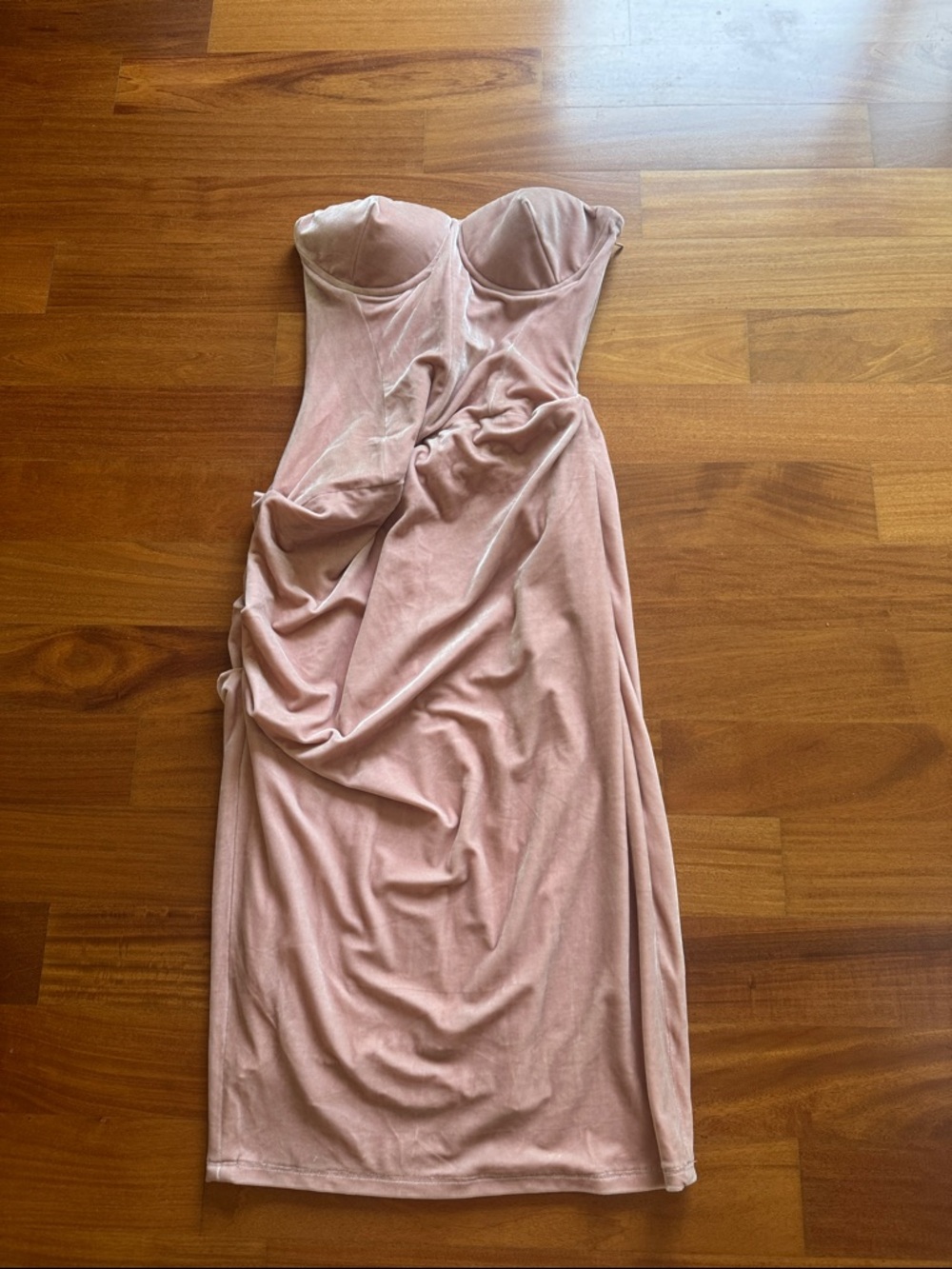 Strapless Blush Pink Velvet Midi Dress